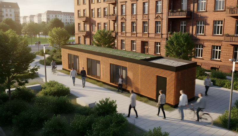 The energy box stands in front of an old building