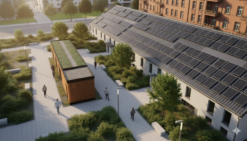 The energy box in front of a house with a solar roof