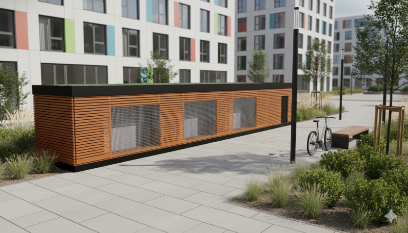 The energy box in front of a social building project